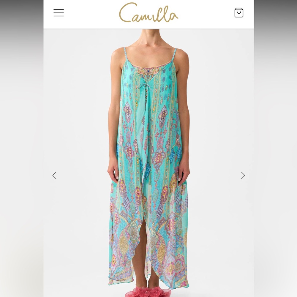 Camilla Maxi Dress Mini w/ Long Over Layer Tie Front Hi-Lo Sparkled Mixed Print - Picture 11 of 13